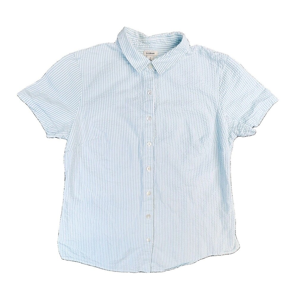 L.L. Bean womens sz small cotton blue white stripe seersucker Shirt short sleeve